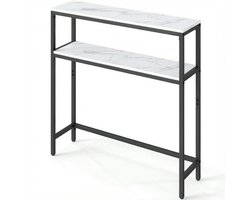 Bijzettafel Console tafel Banktafel 20 x 80 x 80 cm Wit en zwart ontwerp met twee niveaus open opbergplanken en verstelbare voetjes stevig stalen frame smal ruimtebesparend ontwerp voor hal woonkamer en gang