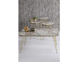 Bijzettafel en Middentafel - Goudchromen Poot - Salontafel Set - Gouden Efes-draad - Wit en Marmer - Marmeren Look - Set van 4 - Luxe Design - Bijzettafel - Woonkamer Tafel - Salon Tafel