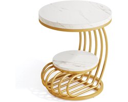 Bijzettafel Evaux Boutique - Bijzettafeltjes woonkamer - Bijzettafelrond - 2-laags -Marmerlook - Stevig metalen frame - Wit en goud - Woonkamertafel - Kleine tafel voor woonkamer en slaapkamer