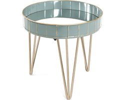 Bijzettafel – Grijsblauw metaal met kristalspiegel – 41 cm breed, 41 cm diep, 40 cm hoog – Elegant design