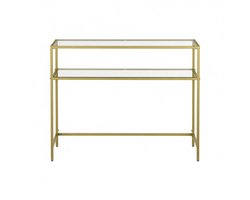 Bijzettafel, haltafel, metalen frame met gehard glazen tafel, multifunctioneel display, 100×35×80 cm, goud, met 2 open planken en verstelbare poten, modern minimalistisch, stevig met draagkracht 20 kg per plank, geschikt voor woonkamer, hal en gang