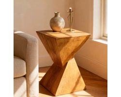 Bijzettafel Houtlook - Geometrische Zandloper Kruk - Binnen & Buiten - 45.5 cm - Lichtgewicht Beton - Hout