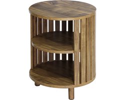 Bijzettafel Houtlook PB Plaat met Papieren Afwerking Massiefhouten Poten Roosterdesign 2 Lagen Opslag Tafeltje Slaapkamer Woonkamer Hoektafel Ø40 x H50 cm