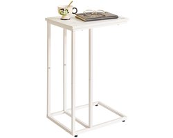Bijzettafel - Industrieel Design - Voor Koffie en Laptop - Wit Marmerlook met Wit Metalen Frame