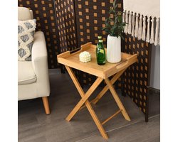 Bijzettafel, inklapbaar, klaptafel van bamboe, dienblad met geïntegreerde stalen handgrepen, draagbare tuintafel met afneembaar dienblad, 47 x 38 x 58,5 cm