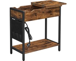 Bijzettafel, Klaptafel, Nachtkastje, Met Stopcontacten, İnklapbaar Tafelblad, Met Plank En Stoffen Zak, Vintage Bruin-Zwart