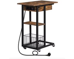 Bijzettafel - Kleine bijzettafel - Sidetable - Banktafel - Tafel - Eindtafel - Nachtkastje - Naast bank - Naast bed - Met stopcontact - Stroom - Opbergvak - Op wieltjes - USB - Industrieel - Bruin