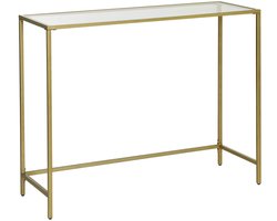 Bijzettafel, koffietafel, displaytafel, haltafel met gehard glazen blad en verstelbare poten, stevig en duurzaam metalen frame, geschikt voor woonkamer en gang, 100 x 35 x 80 cm, goudkleurig.