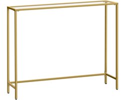 Bijzettafel, koffietafel, displaytafel, haltafel met gehard glazen blad en verstelbare poten, stevig en duurzaam metalen frame, geschikt voor woonkamer en gang, 100 x 20 x 80 cm, goudkleurig.