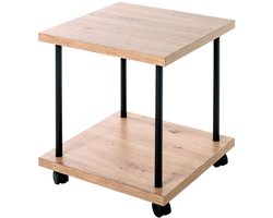 Bijzettafel – Licht eiken MDF met zwart stalen frame – Op wielen – 40 cm breed, 40 cm diep, 45 cm hoog