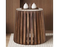 Bijzettafel 'Luuk' 40 cm Rond Mango Hout met Travertin Beige