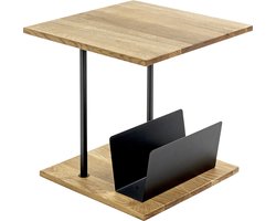 Bijzettafel – Massief eiken met lectuurbak – Zwart staal – 45 cm breed, 45 cm diep, 45 cm hoog – Industrieel design