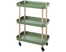 Bijzettafel – Massief hout met rietgroene metalen planken – Op wielen – 50 cm breed, 30 cm diep, 76 cm hoog