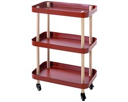 Bijzettafel – Massief houten frame met koraalrode metalen planken – Op wielen – 50 cm breed, 30 cm diep, 76 cm hoog