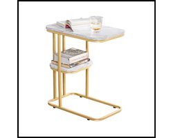 Bijzettafel met 2 Planken – C-Vormige Banktafel – Multifunctionele Laptoptafel – Goudkleurig Metalen Frame – Compact & Stabiel