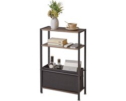 Bijzettafel met opbergruimte – Smal nachtkastje met 3 niveaus en stoffen mand, donkergrijs, ideaal voor kleine ruimtes