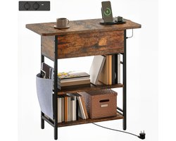 Bijzettafel met oplaadstation en opbergtas, 60 x 29,8 x 58,5 cm, vintage bruin