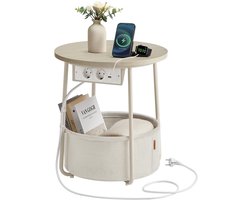 Bijzettafel – Met oplaadstation en stopcontact – 45 cm diameter – Natuurlijk beige-crème wit