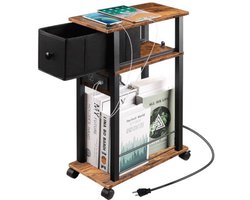 Bijzettafel met Stopcontact en USB – Nachtkastje met Laadstation – Smalle Laptoptafel met Wielen – Industrieel Bruin Zwart