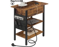 Bijzettafel met Stopcontact & USB – Industrieel Hout – Side Table / Nachtkastje met Oplaadstation – 60×40×45 cm – IN.HOMEXL Venlo Brown