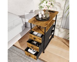 Bijzettafel met stopcontact & USB – Sofa bijzettafel met 3 lades en open plank – Metalen frame – 30×60×62 cm