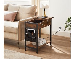 Bijzettafel met Stopcontacten en USB – Medahomestore Industriële Opklapbare Tafel met Plank en Stoffen Tas – Vintage Bruin-Zwart – Nachtkastje, Laptoptafel of Slaapkamer Tafeltje – Inclusief Stekkerdoos (60 x 31,5 x 60 cm)