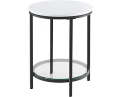 Bijzettafel, Nachtkastje Met 2 Niveaus, Houten Spaanplaat, Gehard Glas, Voor Woonkamer, Werkkamer, Kleine Ruimtes, Modern, Wit Marmeren Look, Zwart Frame