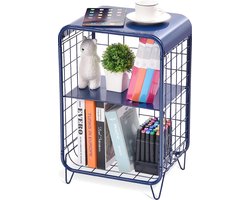 Bijzettafel, nachtkastje, salontafel, industrieel design banktafel, metaal, hout, bijzettafels voor woonkamer, kantoor, slaapkamer, studio 36,6 x 28,2 x 55 cm, blauw