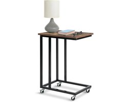 Bijzettafel op wieltjes - Laptoptafel C-vorm - Werken en ontspannen - Ruimtebesparend ontwerp - 50x35x67 cm - Houtlook en zwart