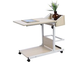 Bijzettafel op wieltjes | Laptoptafel | Verstelbaar in hoogte | Bureau voor bed en bank | Witte moderne tafel met ruimte voor boeken en snacks.