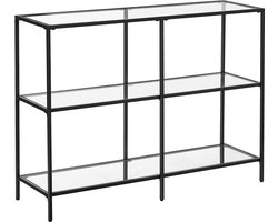 Bijzettafel, opbergtafel, displaytafel met 3 open legplanken van transparant gehard glas, stevig en duurzaam metalen frame, modern, eenvoudig en stijlvol design, geschikt voor woonkamer en gang, 30 x 100 x 73 cm, zwart.