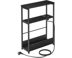 Bijzettafel opbergtafel smalle tafel multifunctionele tafel met stopcontact en 3 opbergplanken stevig en duurzaam metalen frame geschikt voor kleine ruimtes woonkamer en slaapkamer 18 x 45 x 58 cm zwart