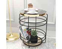 Bijzettafel Padasjoki rond met 1 plank 55xØ40 cm goudkleurig en zwart marmerlook