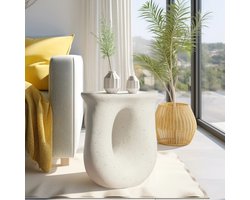 Bijzettafel - Plantenstandaard - Nachtkasje - Designkruk - Handgegoten Lichtbeton - Uniek U-Vormig Meubelstuk - L 42.5 x B 33 x 45 cm - Belastbaar Tot 60 kg - Gebroken Wit
