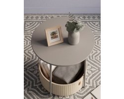 Bijzettafel Rond 45x45x50 cm met Opbergmand – Kleine Salontafel / Nachtkastje met Stoffen Mand en Metalen Frame – Modern & Multifunctioneel – Duifgrijs Leigrijs – Urbanhome
