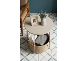 Bijzettafel Rond 45x45x50 cm met Opbergmand – Kleine Salontafel / Nachtkastje met Stoffen Mand en Metalen Frame – Modern & Ruimtebesparend – Lauriergroen Crèmewit – Urbanhome