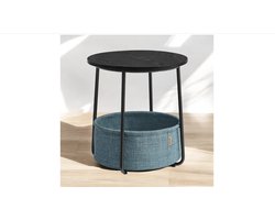 Bijzettafel rond, kleine tafel, salontafel klein, woonkamertafel met stoffen mand, opbergruimte voor woonkamer, slaapkamer, nachtkastje modern, zwart hout look-donker turquoise