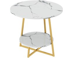 Bijzettafel - Salontafel - Banktafel - Nachtkastje - Dubbellaags plank - Laptoptafel - Theetafel voor thuis - R-vormige salontafel - 40*40*55 cm - Wit marmer - Eenvoudige opbergruimte - Hout
