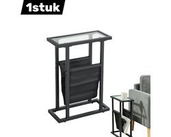 Bijzettafel - Salontafel - met stoffen opbergvak - Metalen frame - Salontafel met glazen blad - Nachtkastje voor woonkamer, slaapkamer - Zwart - 40 x 18 x 55,5 cm - 1 stuk