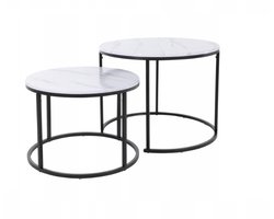 Bijzettafel Salontafel metalen Frame - Tafelblad in mat witte marmerlook - set 2 stuks