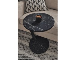 Bijzettafel, Salontafel, Wiel C Tafel, Banktafel, Nesttafel, Servicetafel, Mdf Zwart en Marmer