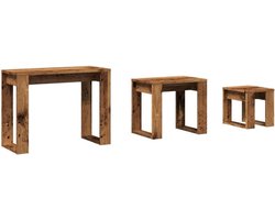 Bijzettafel Set - Nest Tafel - Woonkamer Decoratie - Bewerkt Hout Design - 3 Delig - Oud Houtkleurig