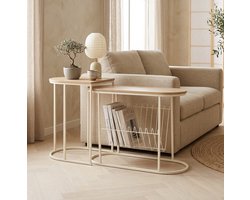Bijzettafel Set van 2 – Japandi Nesting Salontafel Set – Ruimtebesparend met Tijdschriftenrek – Beige Houtlook & Zwart Metaal – Scandinavisch Design