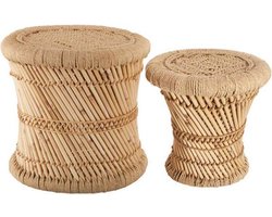 Bijzettafel Set Van 2 Naturel Bamboe - Boho Salontafel - Bohemian Bijzettafeltjes - Tafeltjes van Bamboe en Hennep
