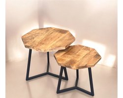 Bijzettafel Set van 2 – Octagon Design – Mangohout & Zwart Metaal – Industrieel & Uniek