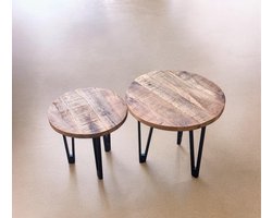 Bijzettafel Set van 2 – Rond Mangohout & Metaal – Tafelset met Sledepoot Design