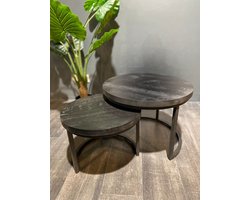 Bijzettafel Set van 2 – Zwart Mangohout & Metaal – Industrieel Rond Design