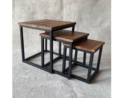 Bijzettafel Set van 3 – Mangohout & Metaal – Compact Nesting Design