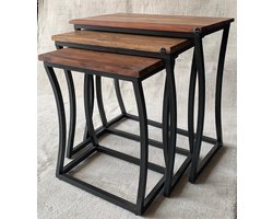 Bijzettafel Set van 3 – Mangohout & Metaal – Industrieel Nesting Design