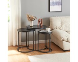 Bijzettafel set van 3 - Ronde zwarte salontafels met metalen frame